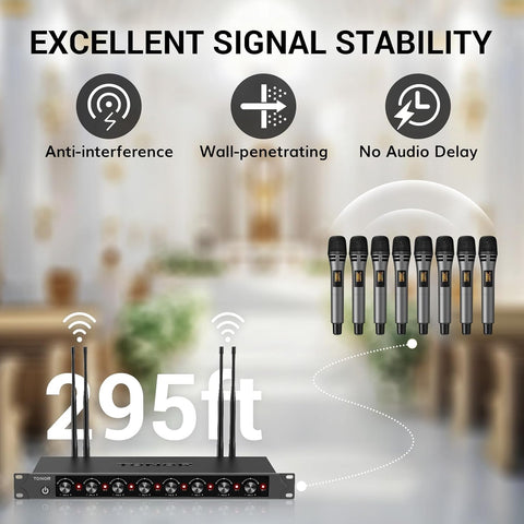 TONOR Wireless Microphones System with 8x12 Channels Cordless Handheld Microfono Inalambrico, 90 m/295FT UHF Range, Mics with Stable Signal, Quick Mute for Karaoke Singing Party Church Wedding