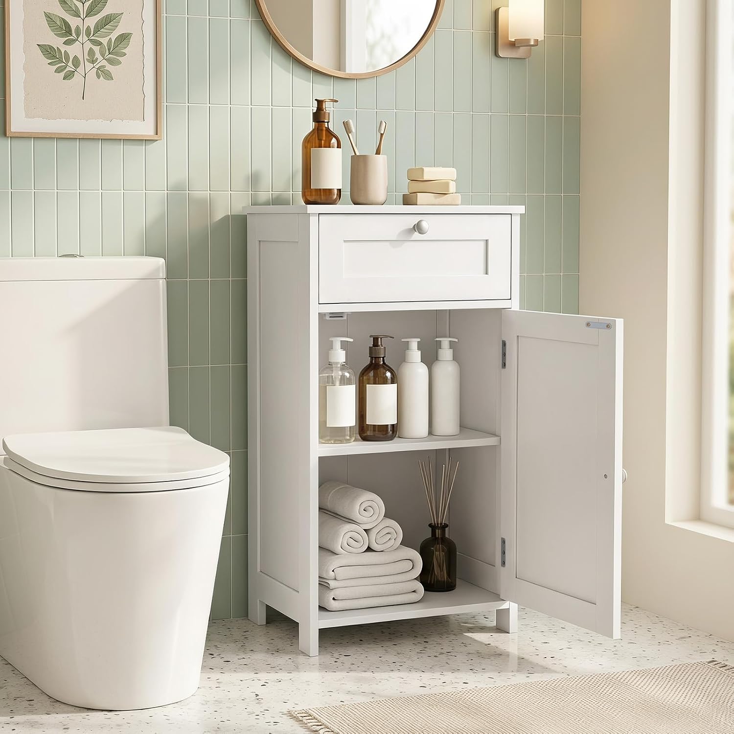 GIANTEX Floor Bathroom Storage Cabinet with Door and Drawer (White)