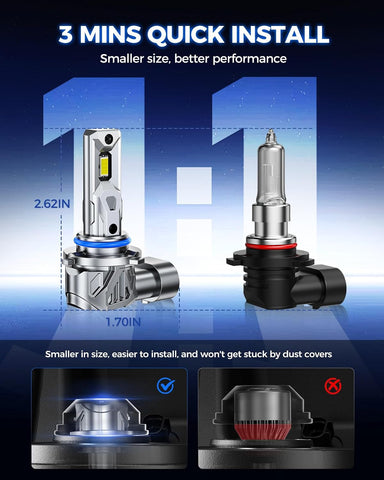 Marsauto 9005 Bulb, 40,000LM 800% Super Bright, 1:1 Mini Size 6500K Cool White IP68 Waterproof Automotive Replacement HB3 Fog Lights, Plug and Play, Pack of 2