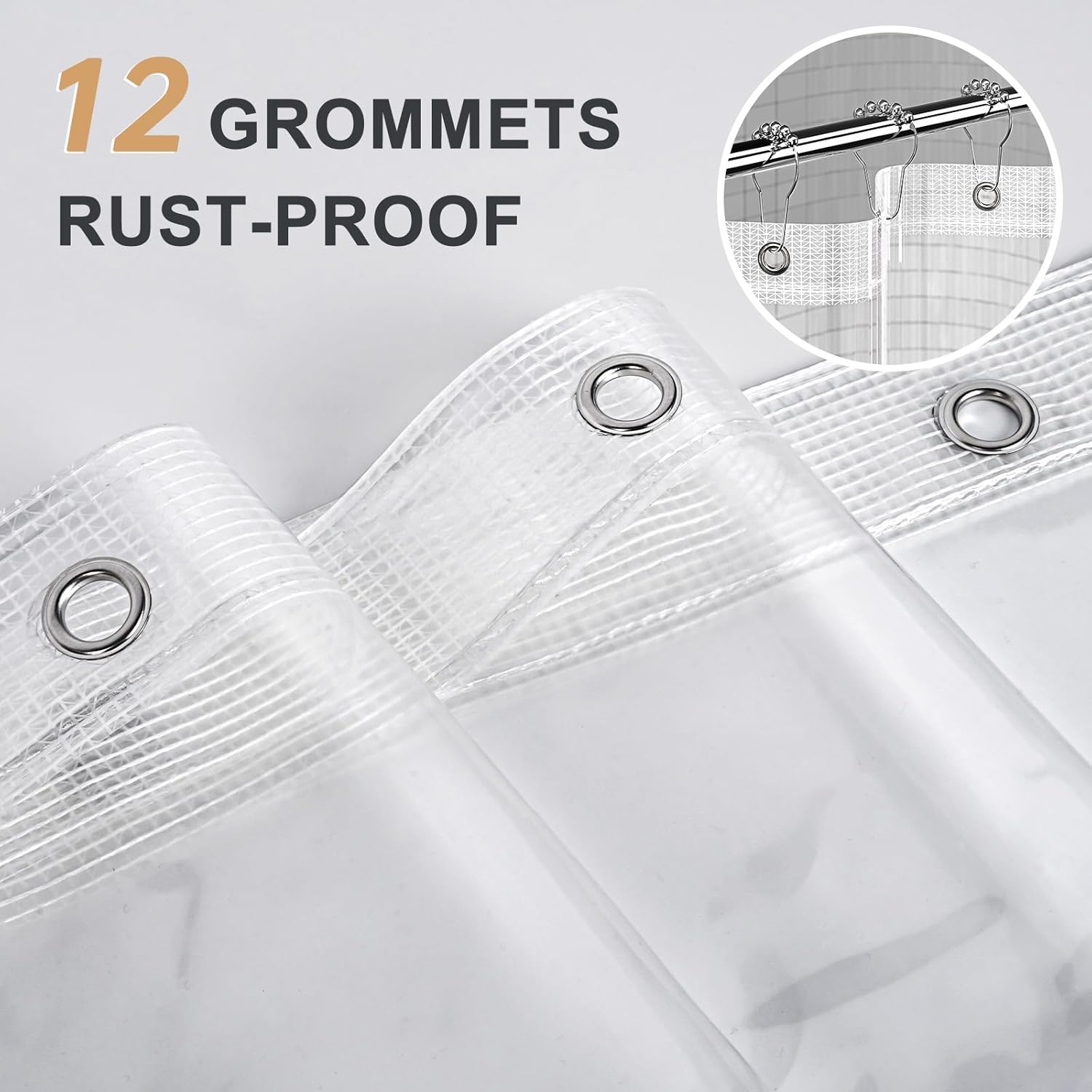 AmazerBath Heavy Duty Shower Curtain Liner 12 Gauge, 72 x 78 Inches Clear Shower Curtain Liner with 3 Clear Stones and 12 Grommet Holes, Weighted Plastic Shower Liner
