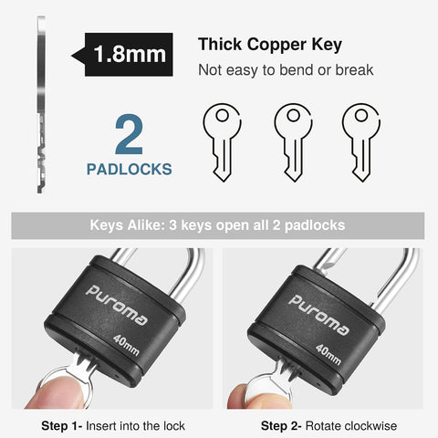 Puroma 2 Keyed Padlock with 3 Keys 7/8" School Locker Lock Gate 40mm Black