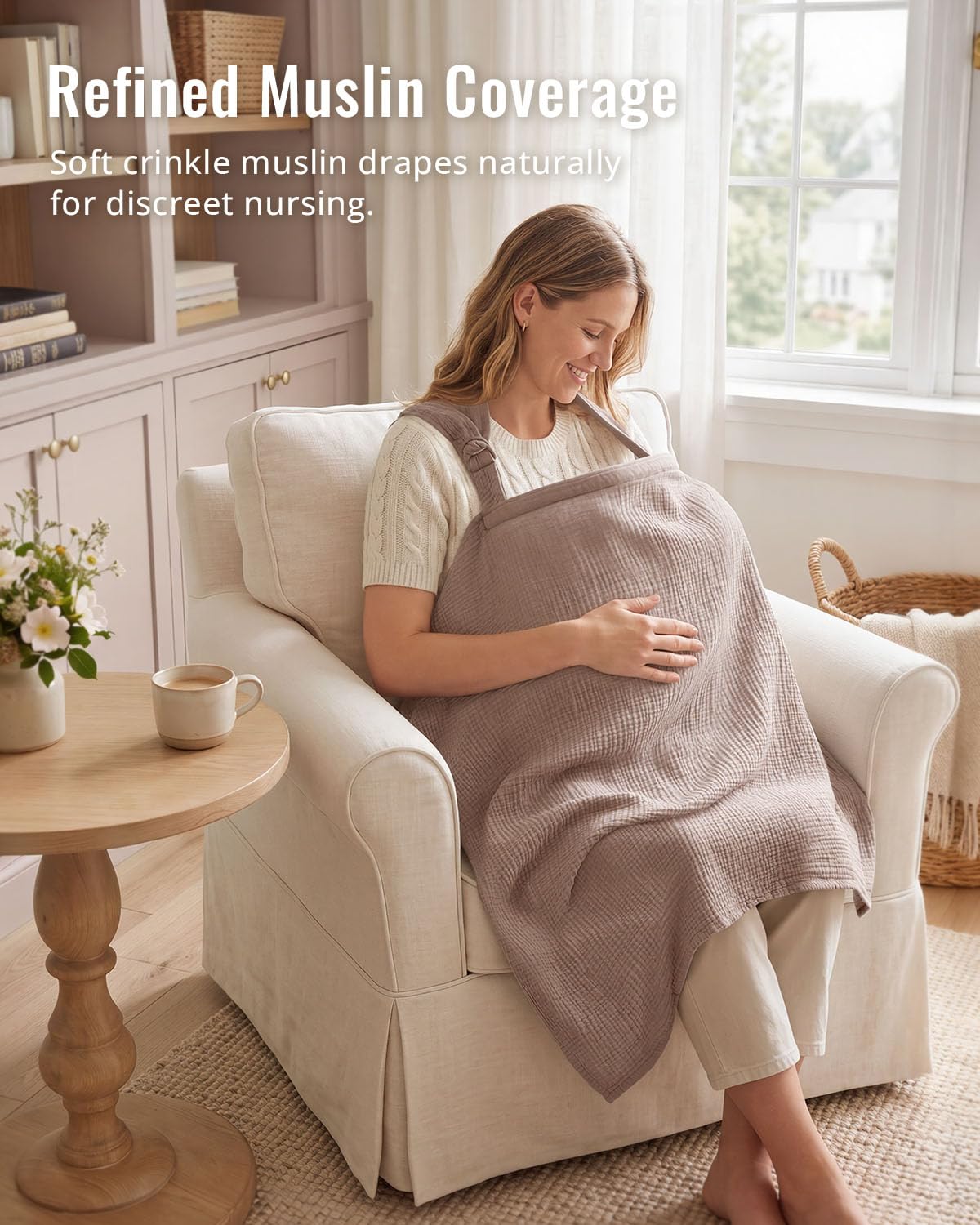 Blissful Diary Muslin Nursing Cover for Breastfeeding, Breathable Breastfeeding Cover up with Arch Neckline for Women, Nursing Apron (Agreeable Gray)