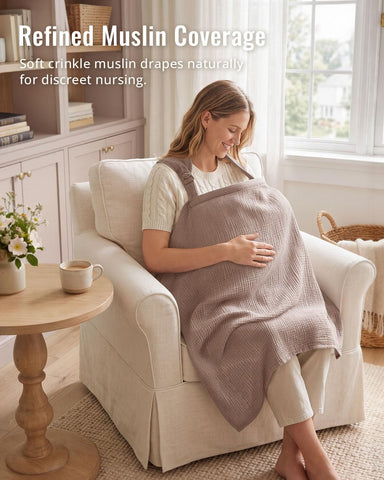 Blissful Diary Muslin Nursing Cover for Breastfeeding, Breathable Breastfeeding Cover up with Arch Neckline for Women, Nursing Apron (Agreeable Gray)