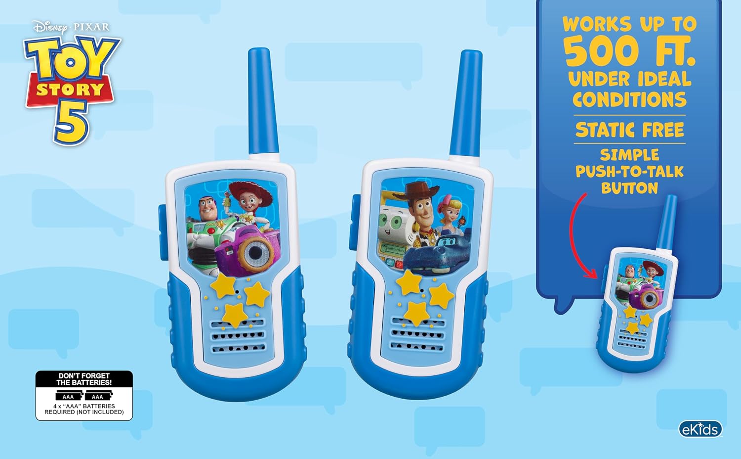 ekids Toy Walkie Talkies for Kids, Static Free Extended Range Indoor and Outdoor Toys (Toy Story 5)