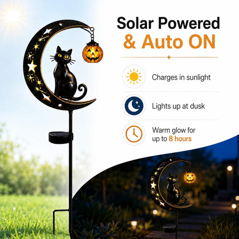 Solar Halloween Black Cat Moon Light, Outdoor Garden Stake Light with Pumpkin Lantern, Weather Resistant Yard Decorations for Patio Pathway Lawn Backyard, Halloween Decor Gifts