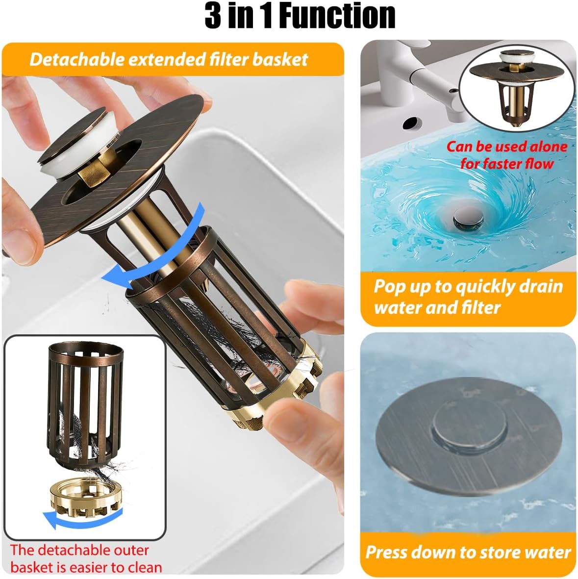 Anlige 3 in 1 Pop Up Bathroom Sink Stopper, Bathroom Sink Drain Strainer