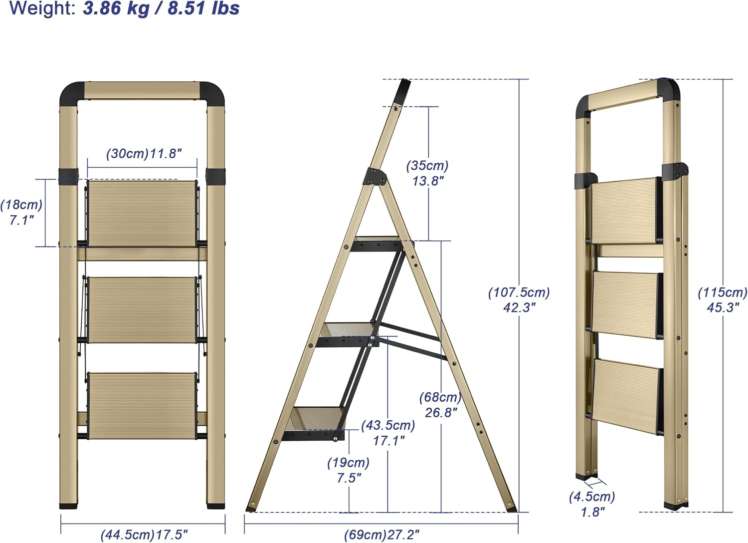 Step Ladder 3-Step Champagne Finish Aluminum Folding Ladders