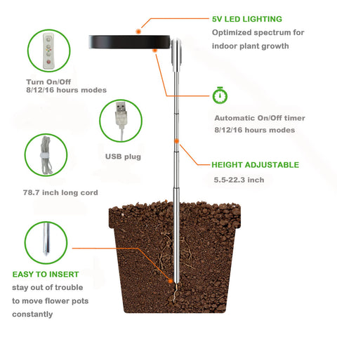 yadoker Plant Grow Light, LED Growing Light Full Spectrum for Indoor Plants,Height Adjustable, Automatic Timer, 5V Low Safe Voltage,Idea for Small Plant Light