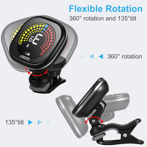 LEKATO Guitar Tuner Rechargeable, Tuner Clip On for Guitar, Bass, Chromatic, Ukulele,Violin Tuner, Fast Accuratie Tuning, Super Bright Display to Read, for Professional/Beginners