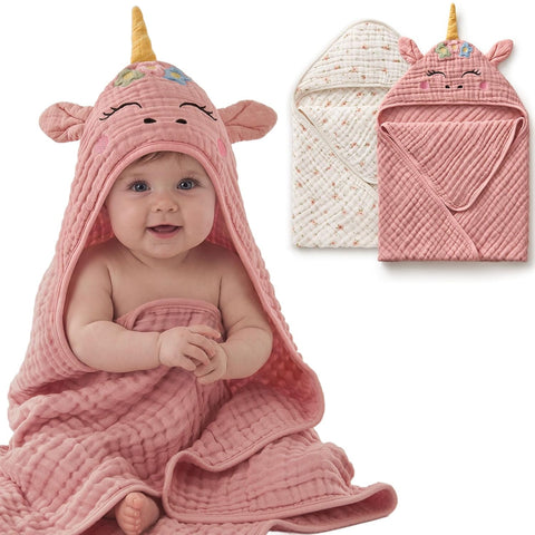 Blissful Diary Muslin Baby Hooded Towel 2 Pack, Soft & Absorbent Bath Towel for Infant, Toddler, Baby Girl Gift, Newborn Essentials, Unicorn & Pink Floral