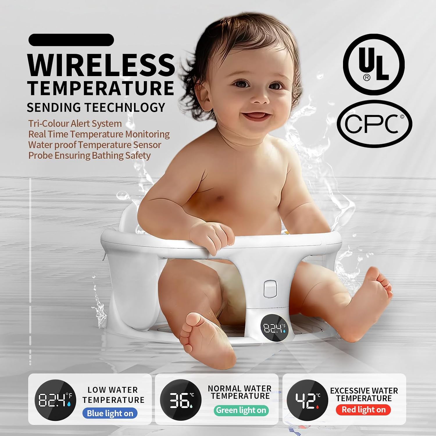 Baby Bath Seat 6+ Months with Temp Display Non-Slip Suction Base Tub Seat