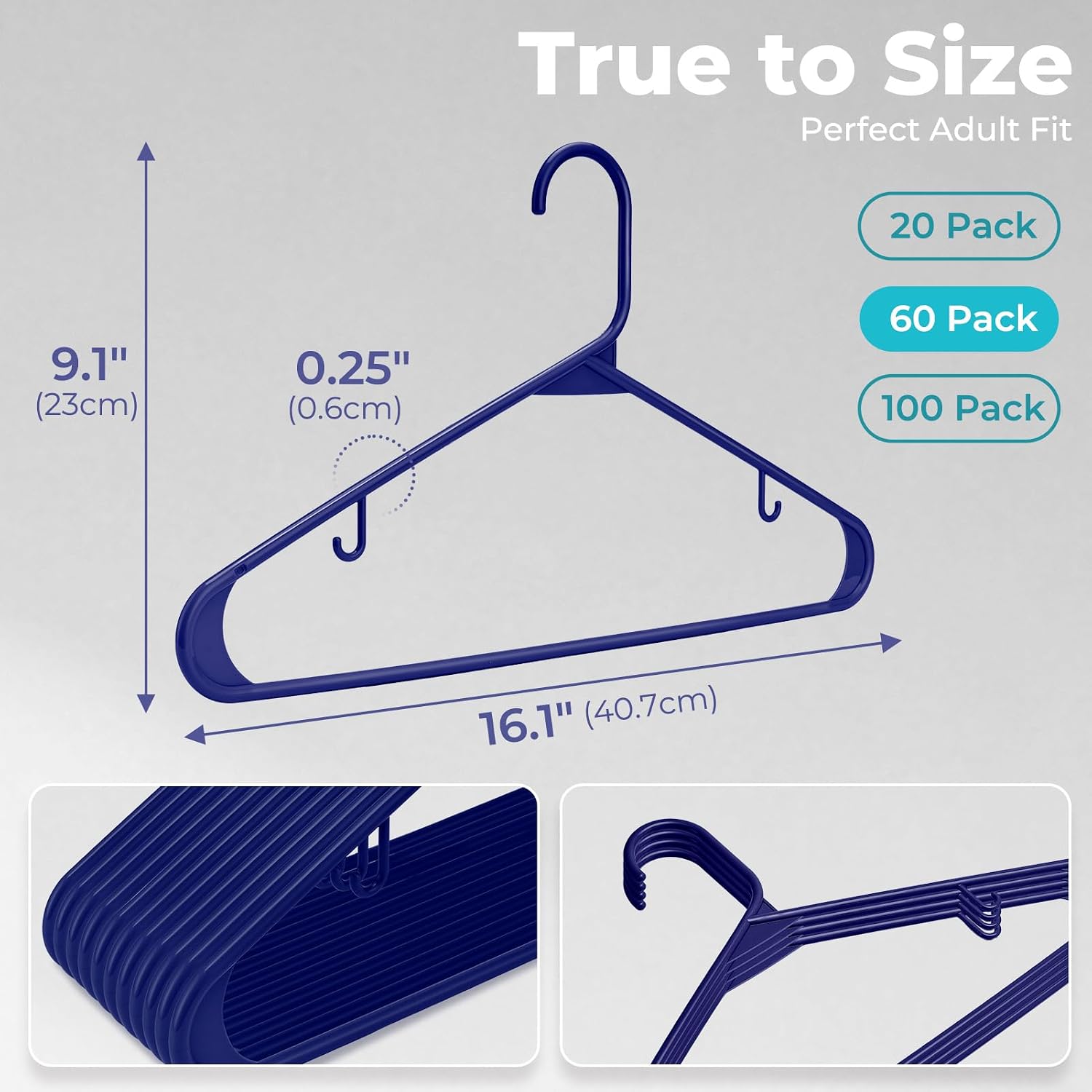 HOUSE DAY Blue Plastic Hangers 60 Pack, Slim Space-Saving Clothes Hangers