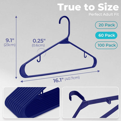 HOUSE DAY Blue Plastic Hangers 60 Pack, Slim Space-Saving Clothes Hangers