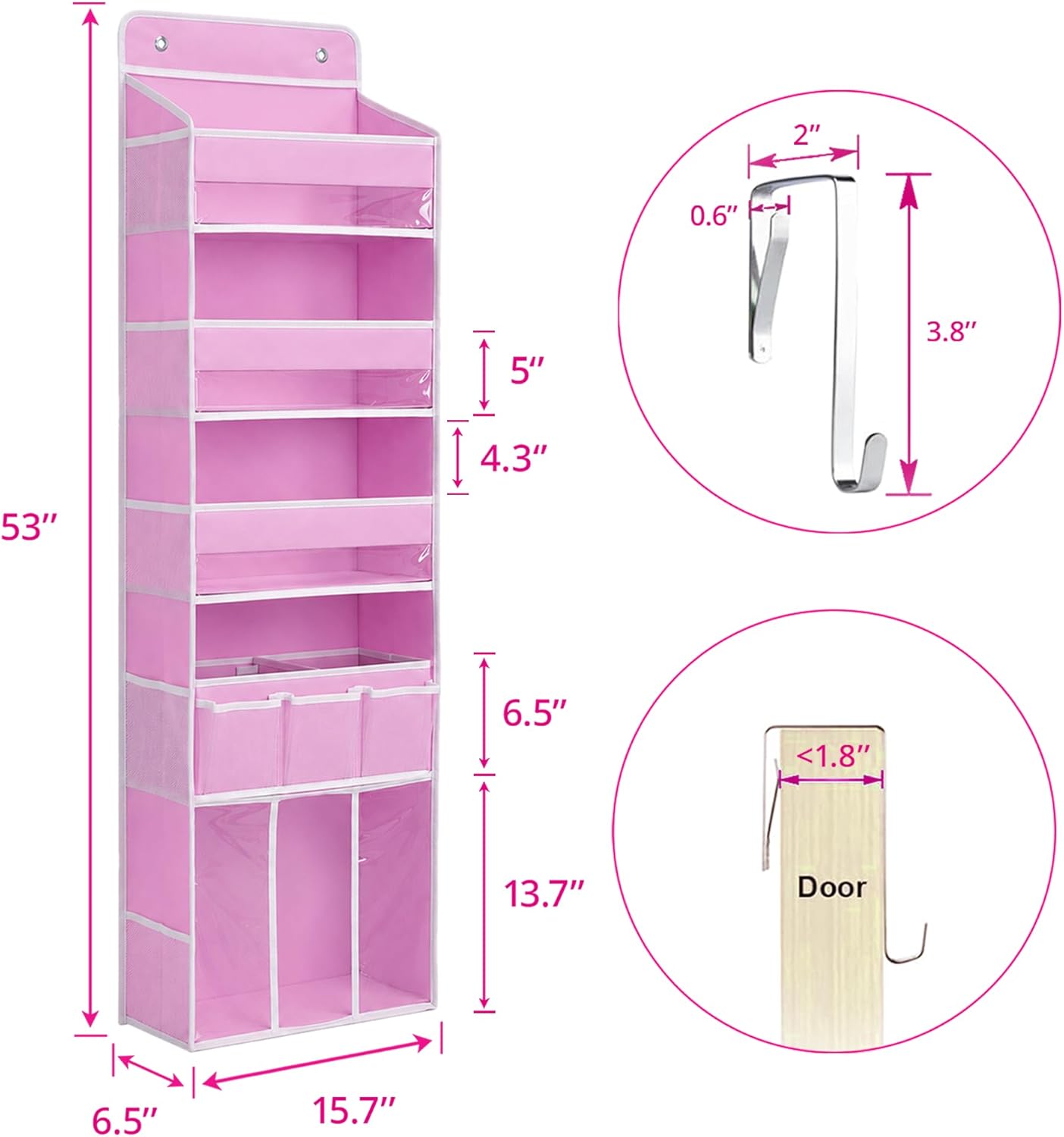 Door Hanging Storage Organizer with 3Bins1 Movable Baby Diaper Caddy,1Large capacity diaper stacking storage Organizer,10Side Pockets,Suitable to Store All Items,Bedroom Nursery Essentials. (Pink)