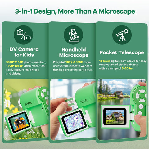 Hideal HP20 Microscope for Kids 1000X [3-in-1] [Easy and Fun] 2" IPS Portable Handheld Microscope Miniscope, Pocket Mini Scope Educational Science Kit, Christmas Birthday Gifts for Kids, 32GB, Green