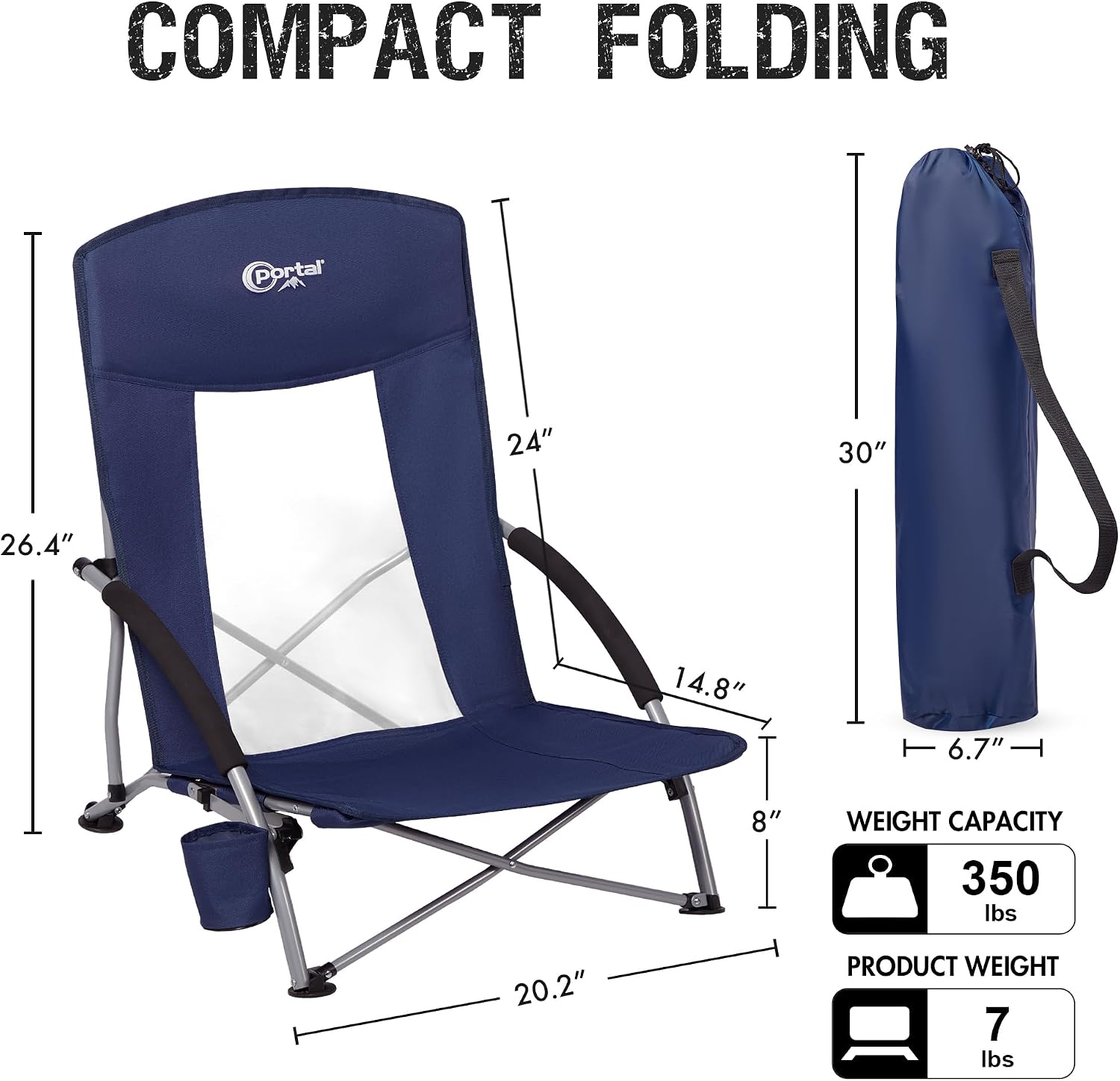 Portal Beach Chairs for Adults Camping Low Lightweight Portable Chair with Cup Holder Mesh Back Carry Bag for Outdoor Sand Lawn Travel Picnic Festival Concert