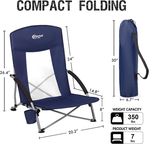 Portal Beach Chairs for Adults Camping Low Lightweight Portable Chair with Cup Holder Mesh Back Carry Bag for Outdoor Sand Lawn Travel Picnic Festival Concert
