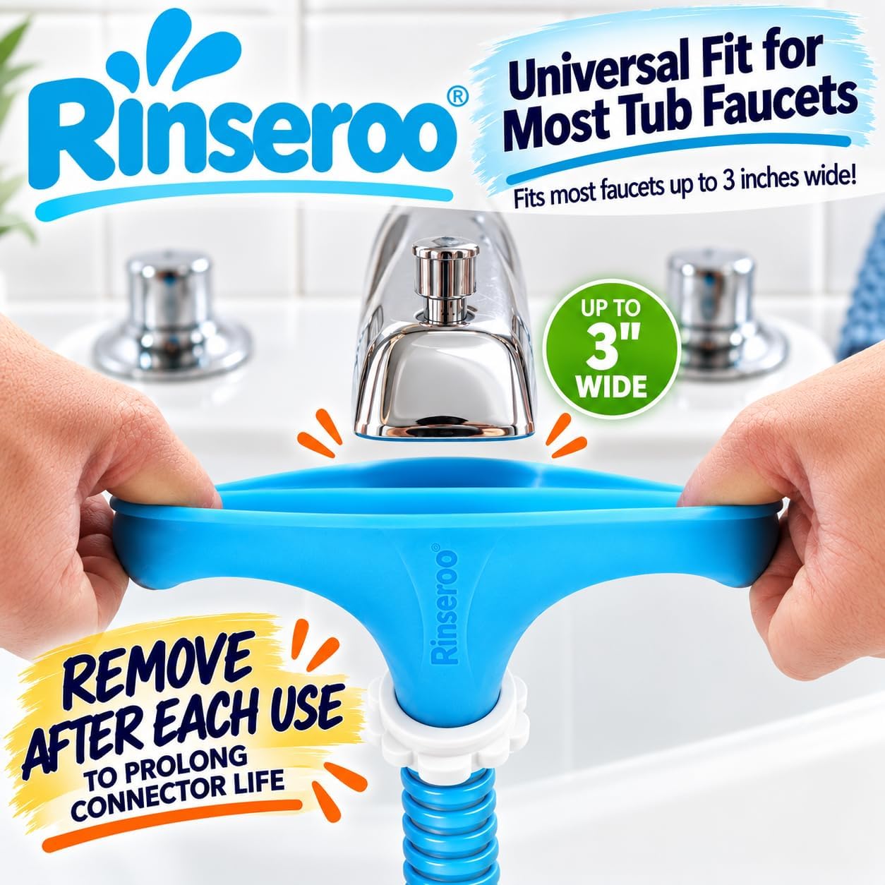 Rinseroo: Slip-On Tub Hose – As Seen on Shark Tank – 5ft Flex Bathtub Faucet Sprayer – Easy Rinse for Pets, Hair & Cleaning – No Installation Needed – Fits Faucets Up to 3” Wide – Mess-Free & Portable