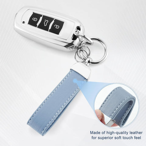 JUSTTOP Leather Keychain, Car Key Chain with Anti-Lost D-Ring and 2 Key Ring, Keychain Wristlet, Car Accessories, Universal Keychain for Men and Women (Blue)