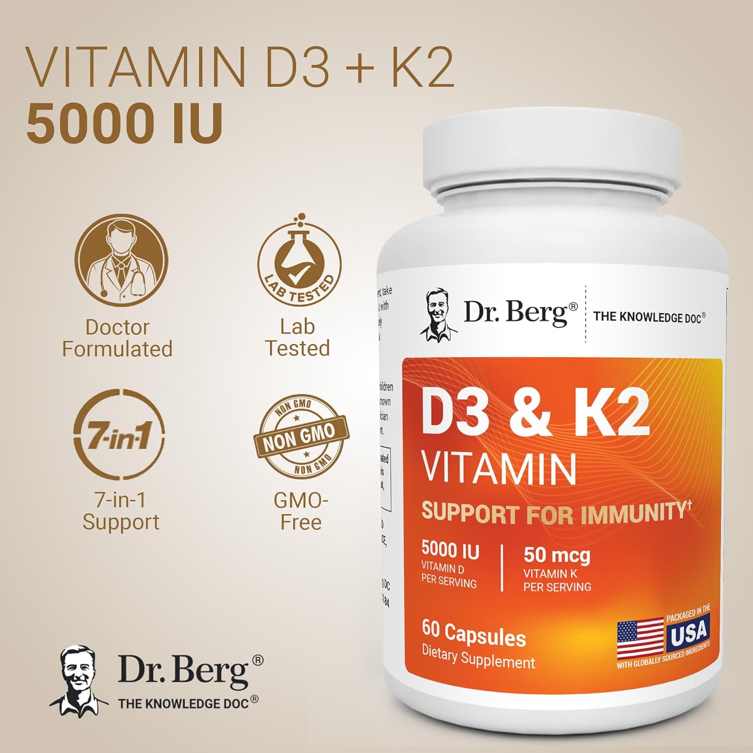 Dr. Berg 7-in-1 Vitamin D3 K2 5000 IU | Naturally Derived D3 | 4X Lab-Tested & Verified | High Absorption Formula | K2 D3 Vitamin Supplement | 60 Capsules