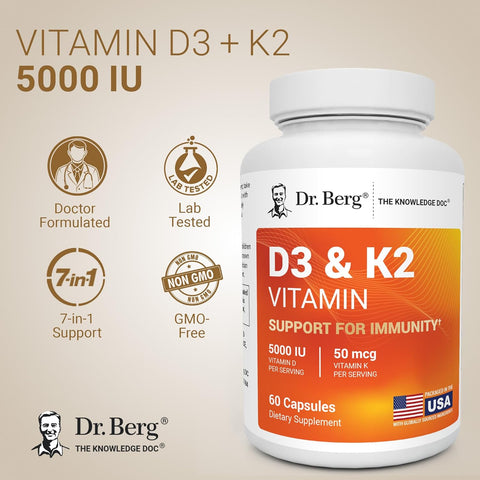 Dr. Berg 7-in-1 Vitamin D3 K2 5000 IU | Naturally Derived D3 | 4X Lab-Tested & Verified | High Absorption Formula | K2 D3 Vitamin Supplement | 60 Capsules