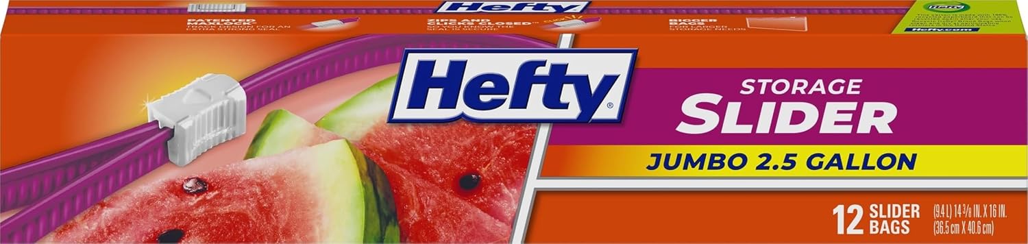 Hefty Slider Jumbo Storage Bags, Extra Large 2.5 Gallon Size, 12ct