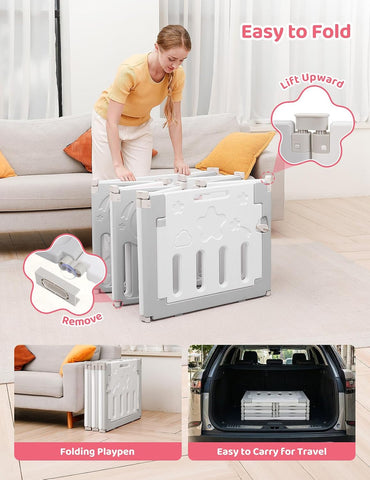 Baby Playpen, 10-Panel Foldable Play Pen for Babies 6-12 Months, Grey White