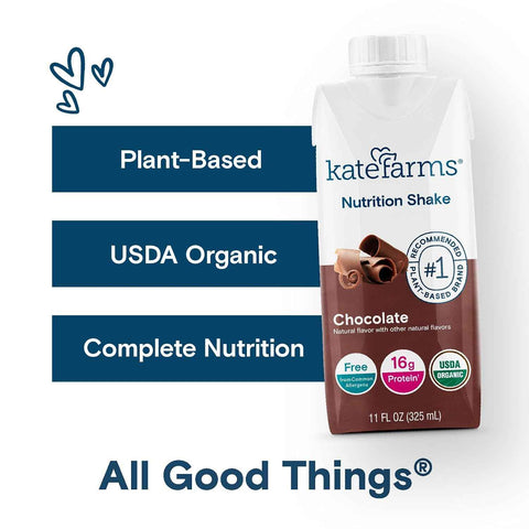 KATE FARMS Organic Nutrition Shake, Chocolate, 16g Protein, 12 Pack | Organic chocolate nutrition shake with 16g protein and 27 vitamins and minerals in every serving.