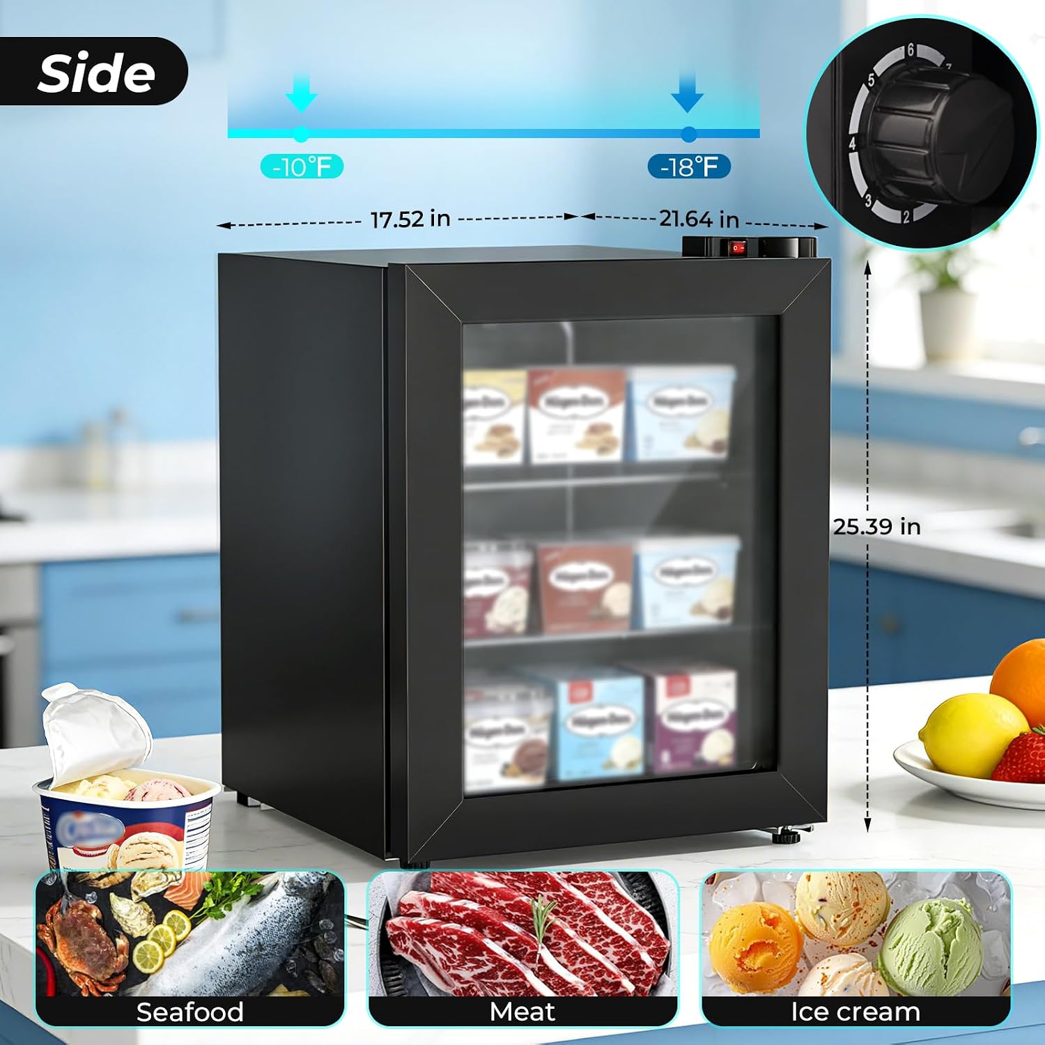 COWSAR Mini Upright Freezer Countertop, 2.2 Cu.ft Compact Display Freezer with Glass Door, 7 Adjustable Temperature Settings (-1 to -14℉), Quiet & Energy-Efficient, Dark Black