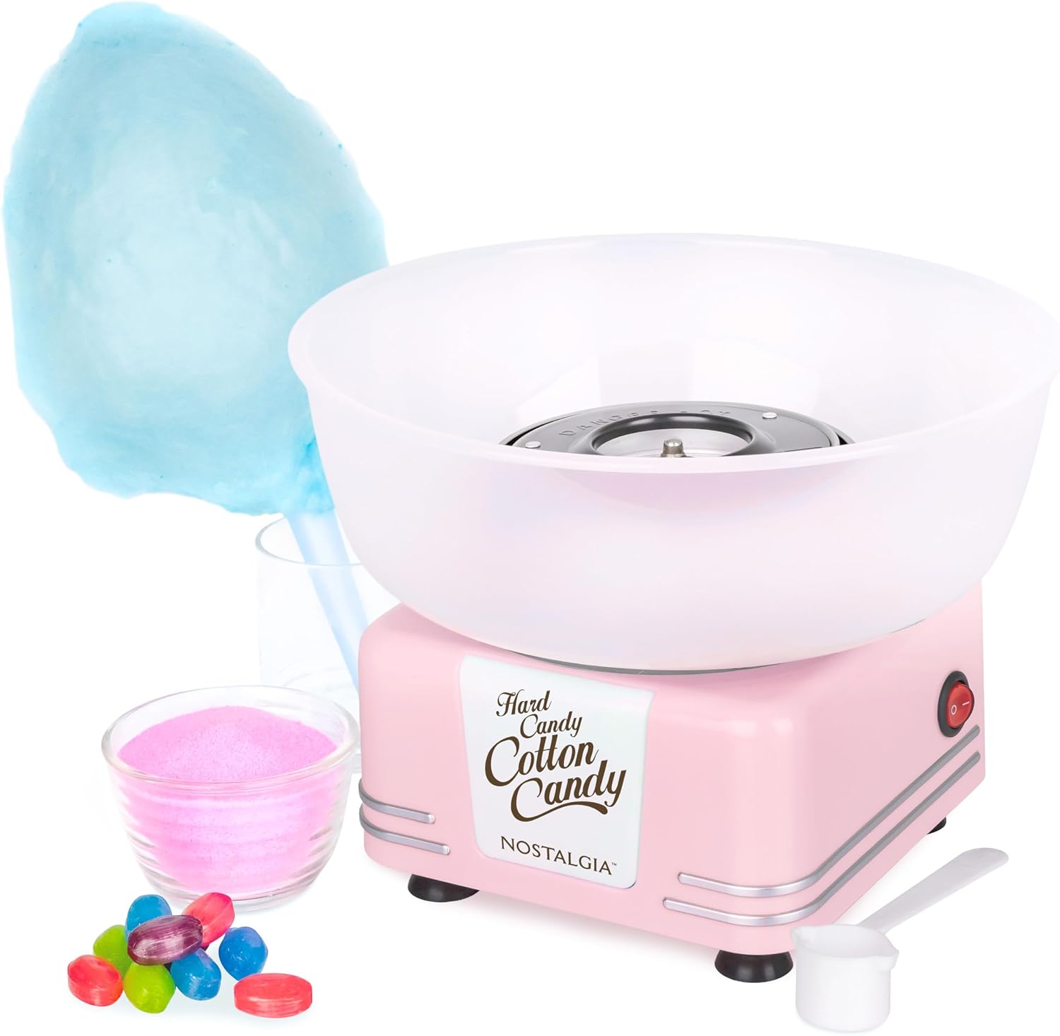 Nostalgia Countertop Cotton Candy Machine – Use Normal or Sugar-Free Candy or Flossing Sugar – Includes 2 Reusable Cones and Measuring Scoop – Pink