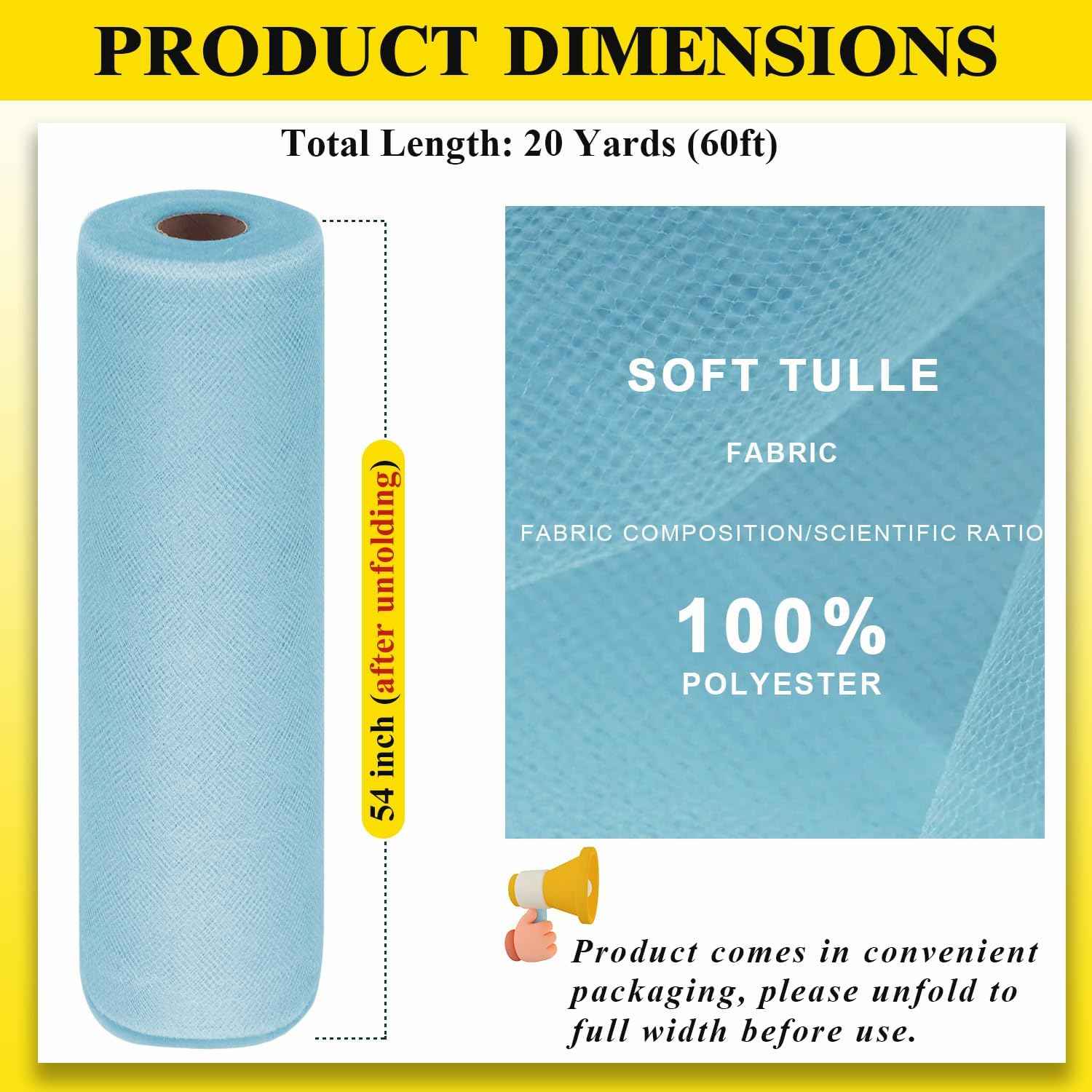Baby Blue Tulle Fabric Roll 54 Inch x 20 Yards, Matte Tulle Ribbon