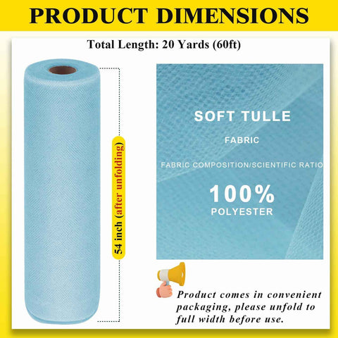 Baby Blue Tulle Fabric Roll 54 Inch x 20 Yards, Matte Tulle Ribbon