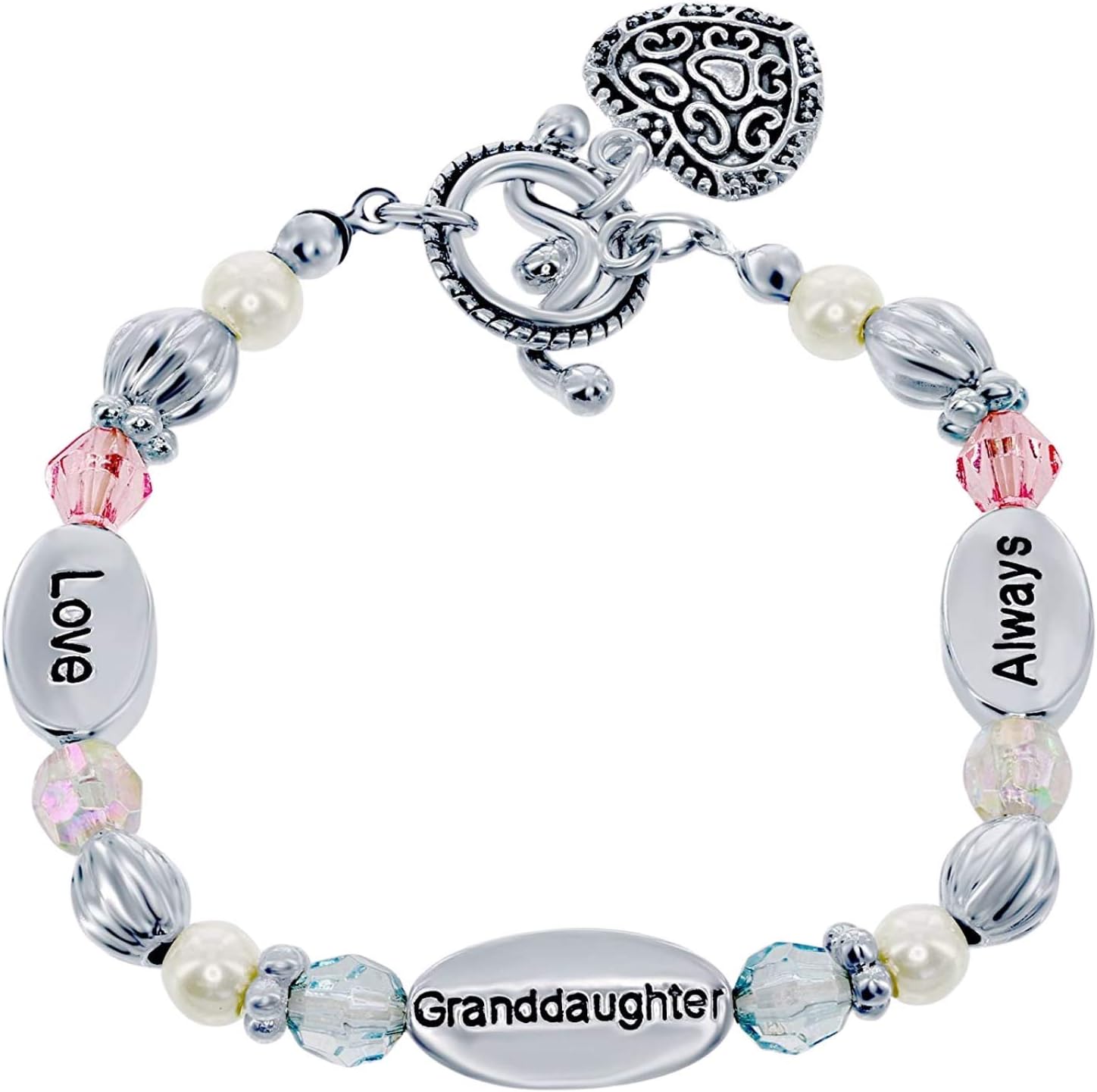 Granddaughter Gift - Stretch Heart Charm Bracelet - Gift Boxed with Sentimental Card - 'Love Granddaughter Always' with Beads & Synthetic Pearls