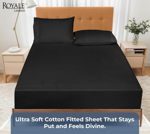 Royale Linens 100% Organic Cotton Fitted Sheet - Percale Weave - Super Soft Deep Pocket Bottom Sheets - Black Elastic Sheet Twin Size - Twin Fitted Sheets Only - (39"x75"+15", Black)