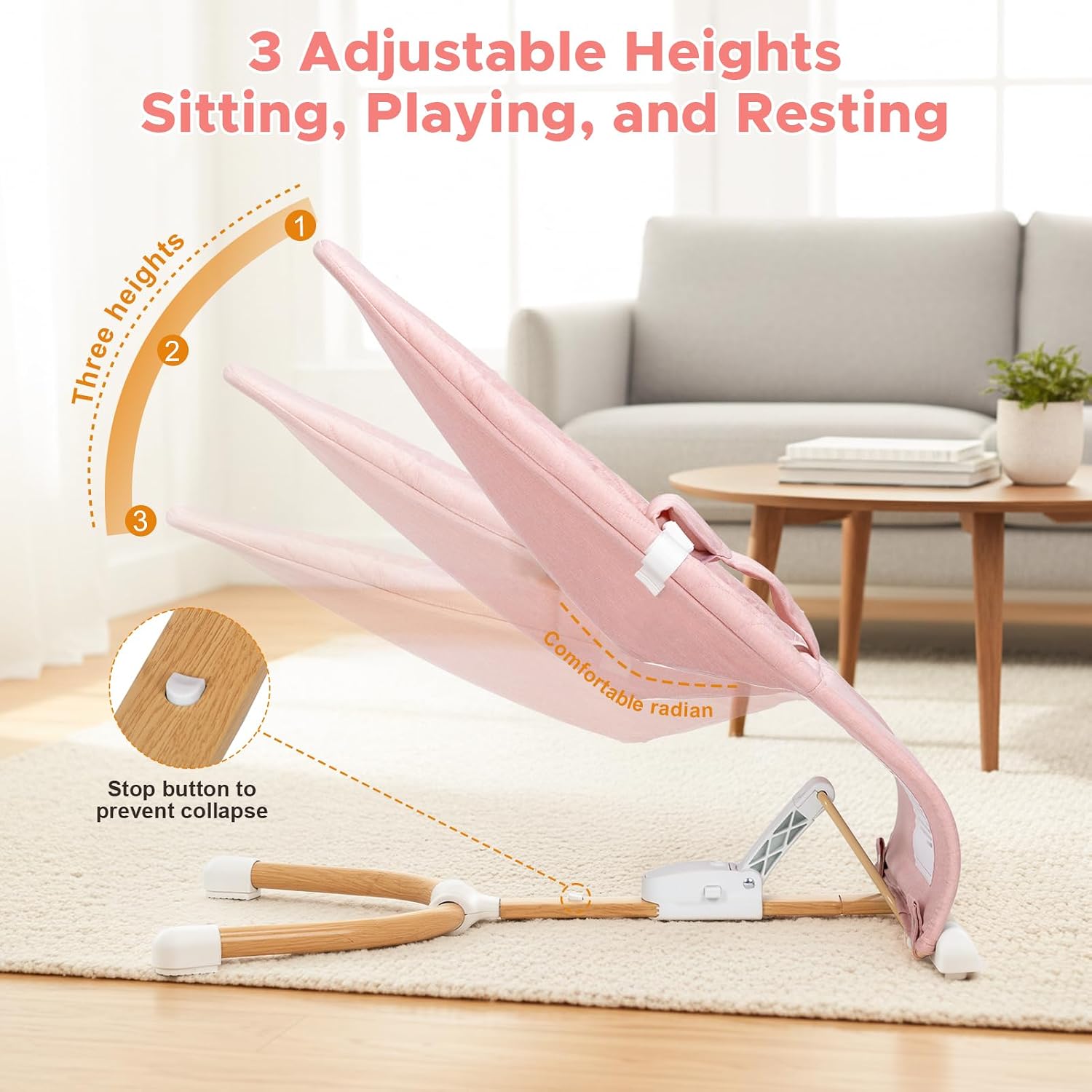Portable Baby Bouncer, Bouncer Seat for Babies 0-12 Months, 3 Recline Positions, Foldable Baby Rocker Chair with Removable Wooden Bar, Pink
