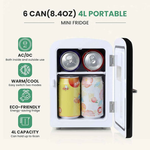 Simple Deluxe 4L/6 Can Mini Fridge with Observation Window, Portable Cooler & Warmer Freon-Free Small Refrigerator, Compact for Skincare, Beverage, Food, Cosmetics, Black