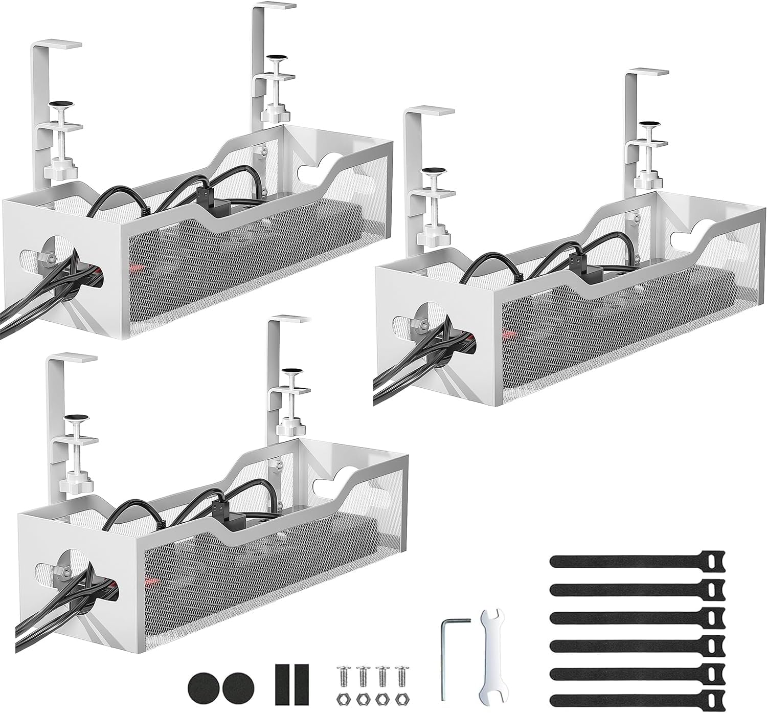 Under Desk Cable Management Tray 3 Pack, Cable Management Under Desk No Drill, Cable Organizer with Clamp for Wire Management, Cord Organizer for Office, Home - No Damage to Table (White)