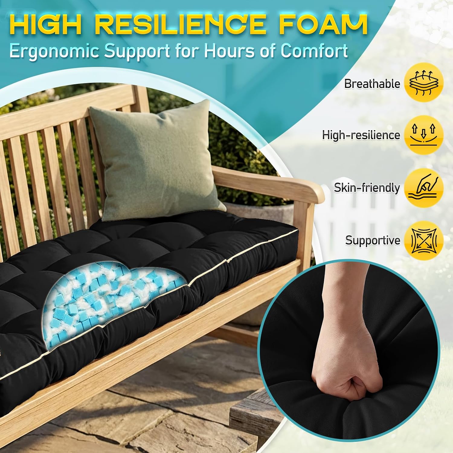 Outdoor Bench Cushion, Tufted Patio Seat Pad for Garden Bench, Porch Swing, Indoor/Outoor Furniture (Black, 60X18X5)