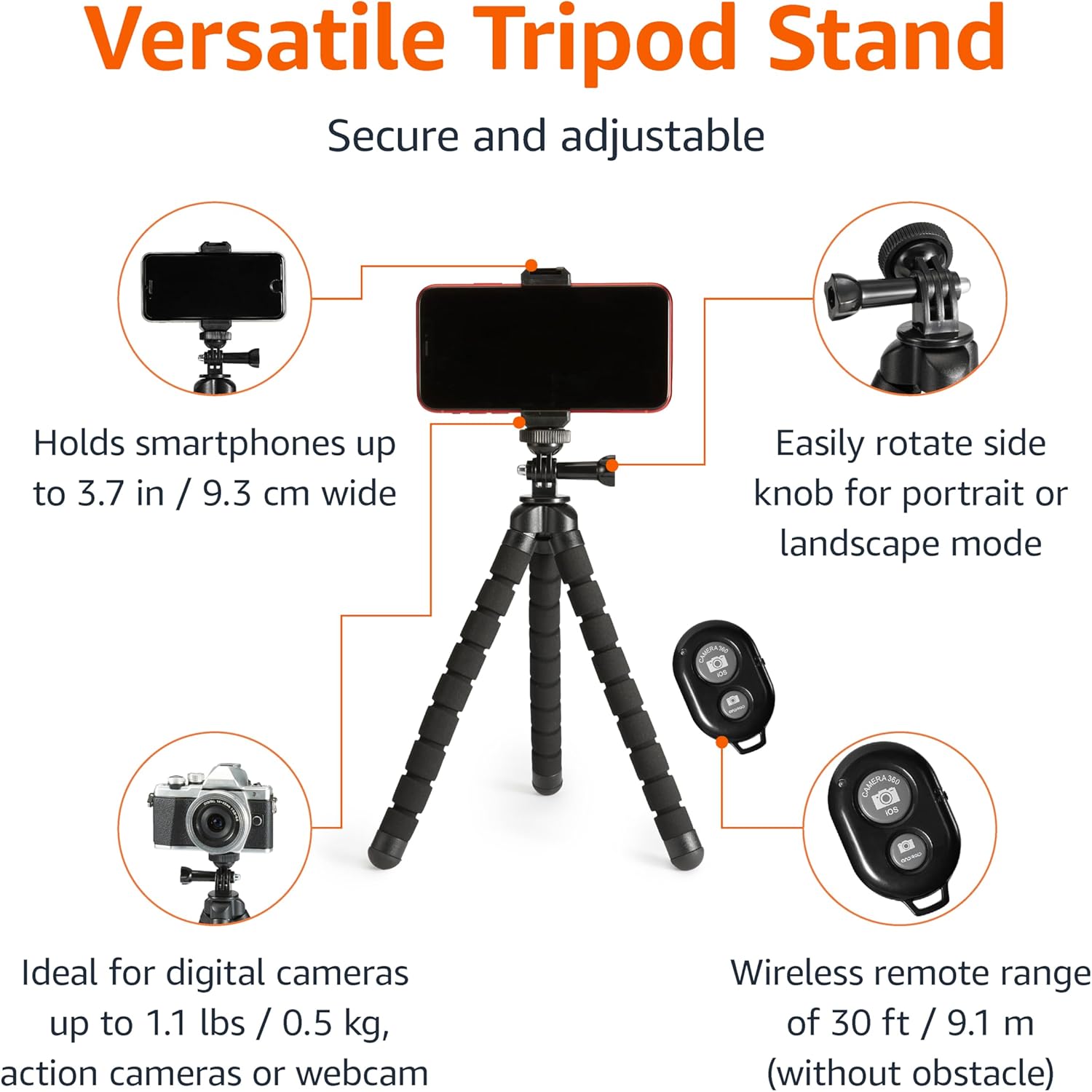 Amazon Basics Portable and Flexible Tripod with Wireless Remote and Smartphone Clamp, 10-inch, Black