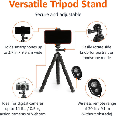 Amazon Basics Portable and Flexible Tripod with Wireless Remote and Smartphone Clamp, 10-inch, Black