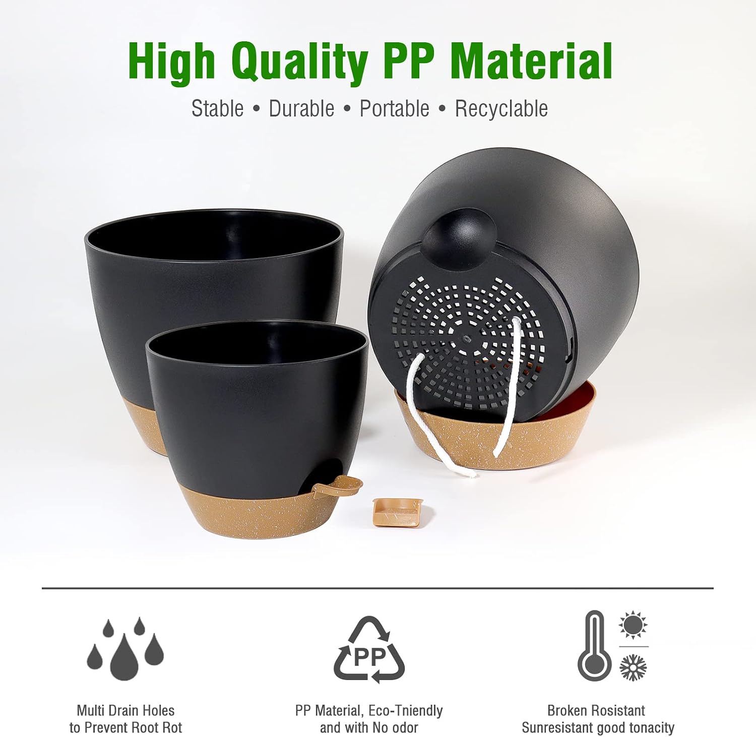 UOUZ Large Self Watering Pots, 12/10/9 Plastic Planters with High Drainage Holes and Deep Reservoir for Indoor Outdoor Garden Plants and Flowers, Black with Brown