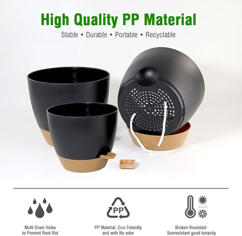 UOUZ Large Self Watering Pots, 12/10/9 Plastic Planters with High Drainage Holes and Deep Reservoir for Indoor Outdoor Garden Plants and Flowers, Black with Brown