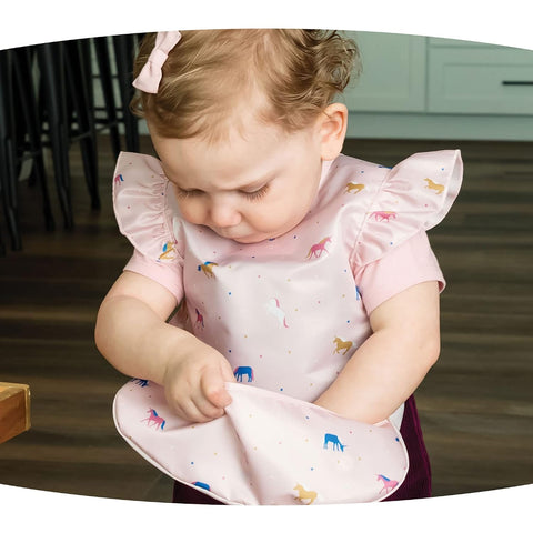 Tiny Twinkle Mess Proof Baby Bib for Girls | Waterproof Toddler Bib for Eating | Baby Apron for Feeding | Machine Washable | Perfect Shower Gift (Unicorn Confetti, 2-4Y)
