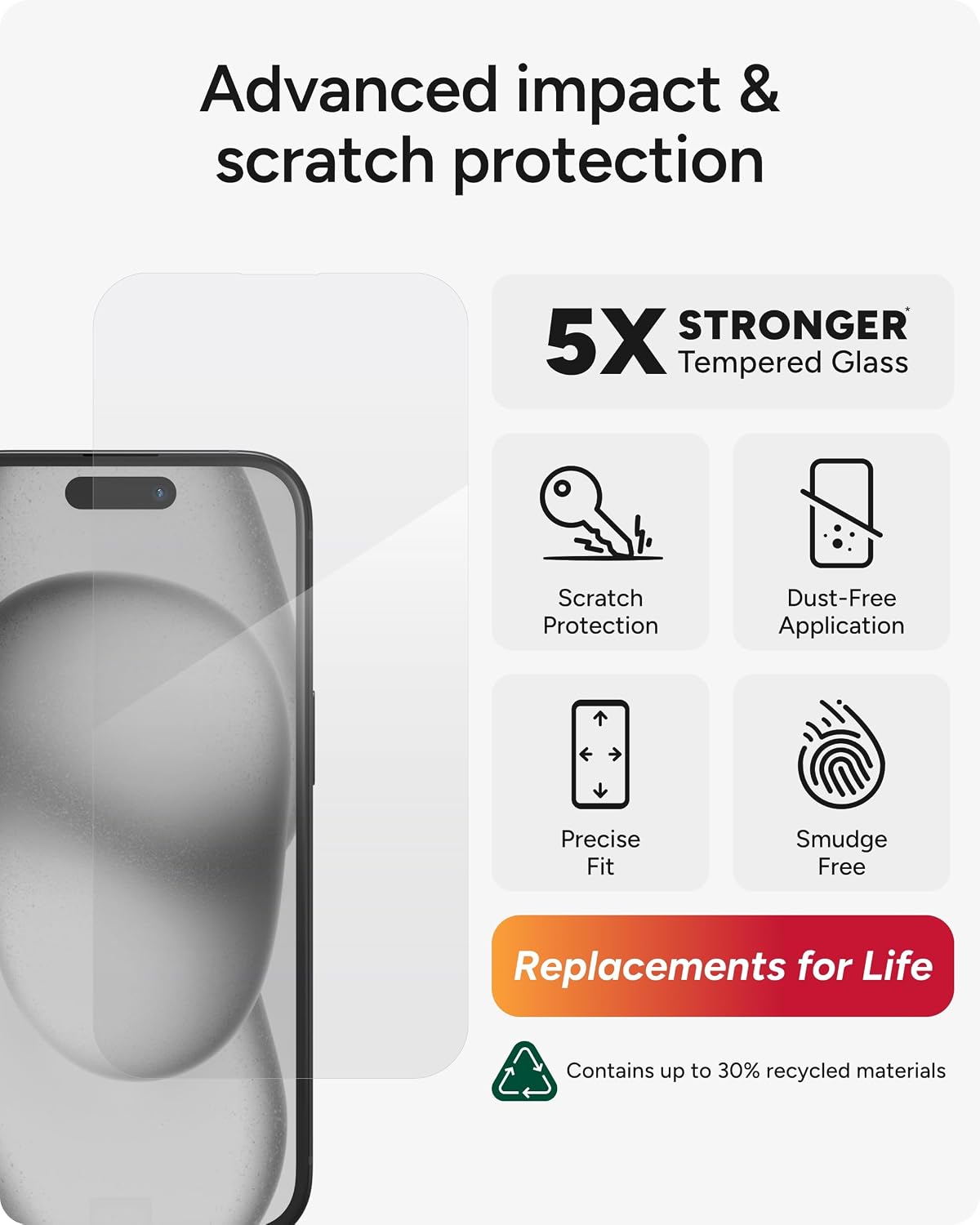 ZAGG Glass Elite iPhone 15 Screen Protector - 5X Stronger with Reinforced Edges, Scratch & Smudge-Resistant Surface, InvisibleShield, Easy to Install