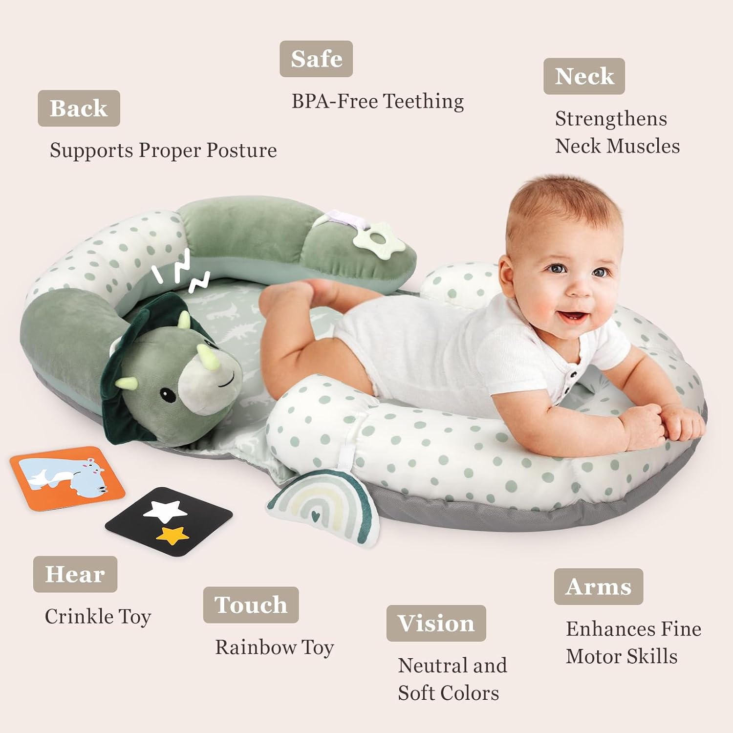4 in 1 Tummy Time Mat with Educational Cards, Play Mat & Sitting Support for Newborn 0-12 Months, Infant Baby Sit Me Up Floor Seat, Sensory Skills Gifts, Dinosaur
