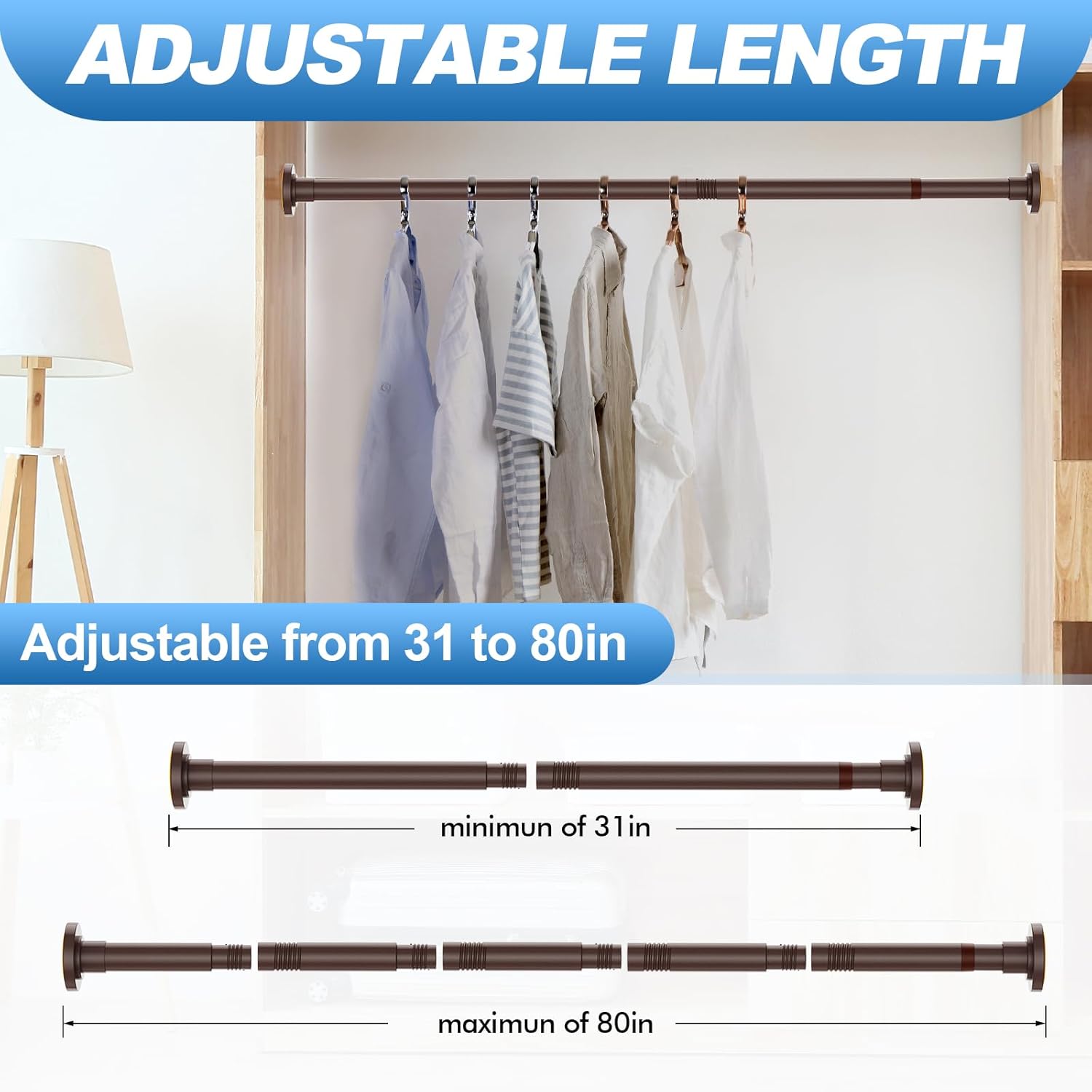 CorkLatta Bronze Shower Curtain Rod 31 to 80 Inch,1 Inch Diameter Adjustable Spring Tension Stainless Steel Telescoping Rod,Easy Install,No Rust