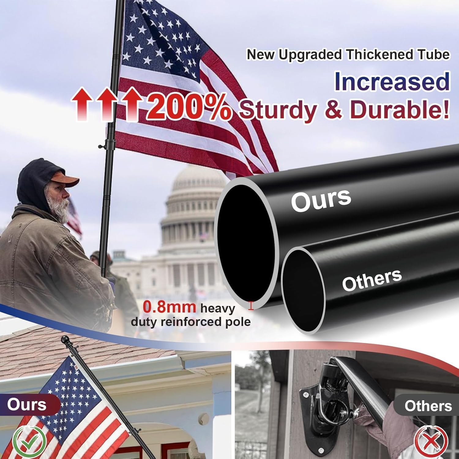 Flag Pole for Outside House, 1" Dia , 2 Tangle Free Rings,Heavy Duty Metal