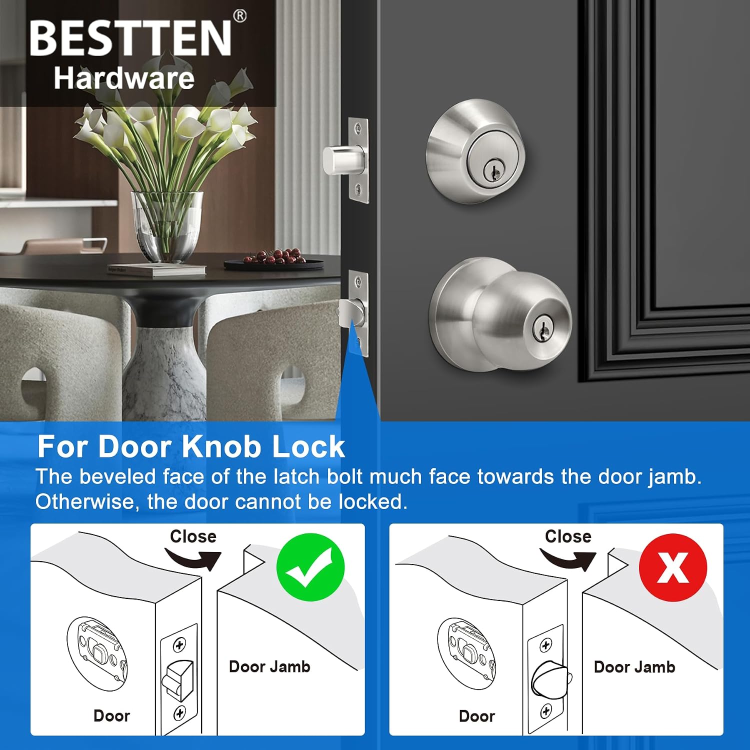 BESTTEN 2 Pack All Keyed Same Exterior Door Knob with Key Lock and Deadbolt, for Entrance and Front Door, Satin Nickel