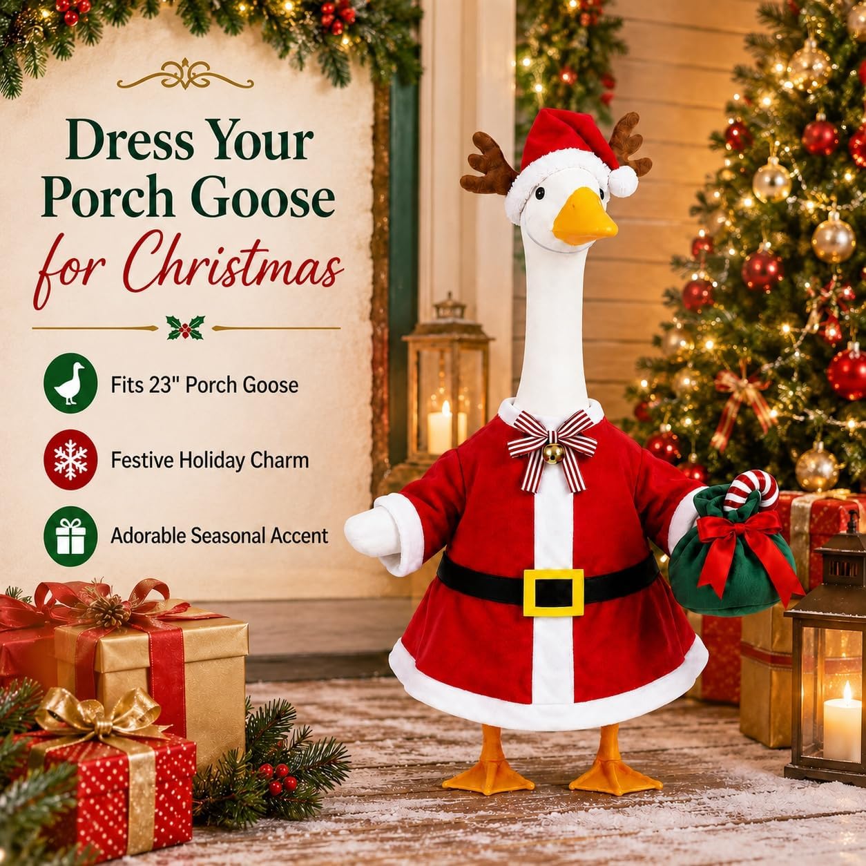 STONESTAR Christmas Porch Goose Outfits for 23" Goose Statue, Red Santa Coat with Antler Hat Jingle Bell Bow Tie Candy Cane Gift Bag Goose Costume for Patio Yard Xmas Santa Holiday Decor
