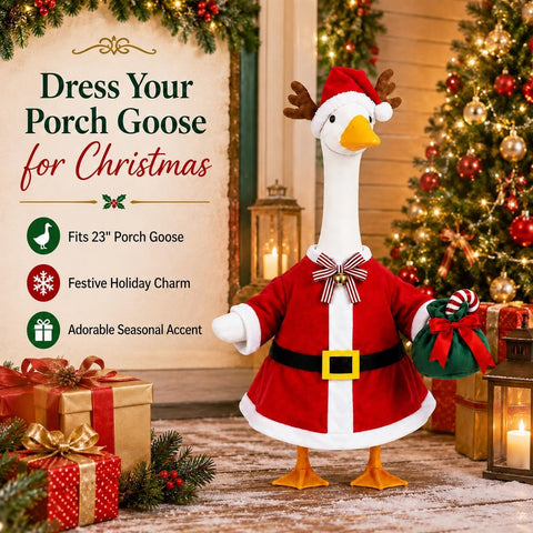 STONESTAR Christmas Porch Goose Outfits for 23" Goose Statue, Red Santa Coat with Antler Hat Jingle Bell Bow Tie Candy Cane Gift Bag Goose Costume for Patio Yard Xmas Santa Holiday Decor